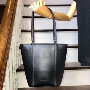 BURBERRY Black Leather Tote with Grey Accent Stripes and Nova Check Lining